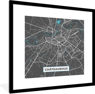 Fotolijst incl. Poster - Frankrijk - Plattegrond - Kaart - Châteauroux - Stadskaart - 40x40 cm - Posterlijst