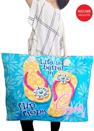 Big Shopper zomer - Grote Strandtas met ritssluiting- Weekend tas XXL - Grote tas- Shopper tas- Beige, Roze Bloemen print