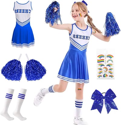 Kleurige Cheerleader Kostuum voor Kinderen met Jurk, Pompoms, Sokken en Accessoires voor Carnaval en Feestjes