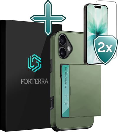 Hoesje Geschikt voor iPhone 17 Pashouder Hard Case Hoes Met 2x Screenprotector - Hoes Geschikt voor iPhone 17 Hoesje Back Cover Met Pasjeshouder - Donkergroen