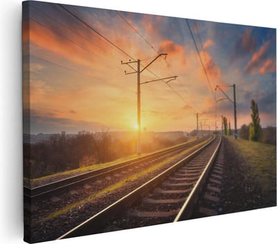 Artaza Canvas Schilderij Zonsondergang Treinspoor - 30x20 cm - Klein - Wanddecoratie Landschap - Muurdecoratie Natuur - Kamer Accessoires Woonkamer