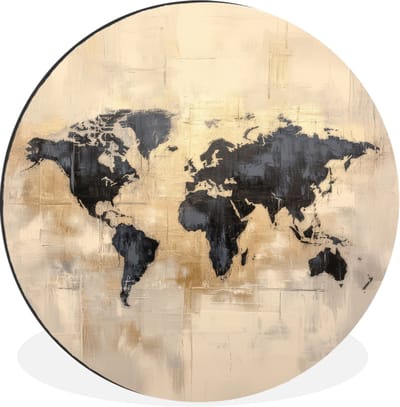 WallCircle - Wandcirkel - Muurcirkel - Wereldkaart - Goud - Zwart - Abstract - Aluminium - Dibond - 30x30 cm - Binnen en Buiten