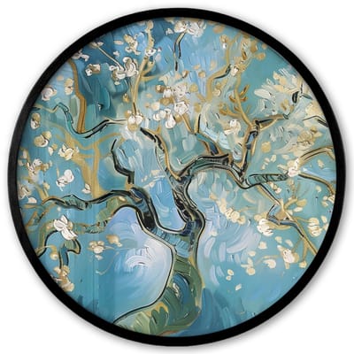Poster in lijst Rond - Fotolijst 40x40 cm - Posters - Amandelbloesem boom - Blauw - Abstract - Ronde posterlijst zwart - Decoratie - Wanddecoratie woonkamer - Muurdecoratie slaapkamer