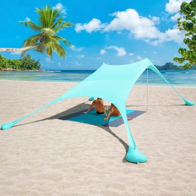 2,4 x 2,4 m strandtent met picknickdeken en zandzakanker, strandtent, zonweringtent voor het strand met UV-bescherming UPF 50+ zonnescherm, luifel, campingzeil (turkoois)