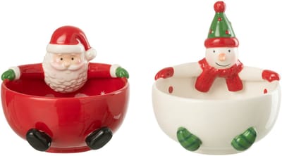 J-Line schaal Kerstman + Sneeuwpop Dolomiet - keramiek - mix - 2 stuks