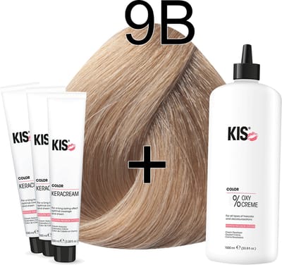Kis KeraCream Color - 100ml - Haarverf Set - 9B Zeer licht beige | KIS - (3 x haarverf & 1L waterstofperoxide)