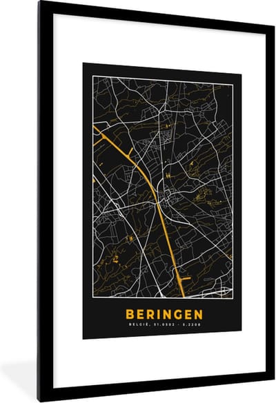 Fotolijst incl. Poster - Beringen - Stadskaart - Plattegrond - Goud - Kaart - 60x90 cm - Posterlijst