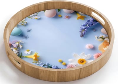 Dienblad rond 40x40 cm - Schootdienblad hout - Bloemen - Pastelkleuren - Paaseieren - Borrelplank rechthoek - Plateau houten dienbladen