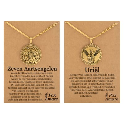 Aartsengel Uriël Ketting Bundel - Goudkleurig - Set van 2 Beschermengel Sieraden - 60cm hanger - Pax Amare