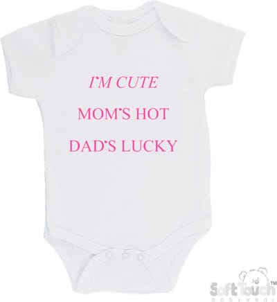 100% katoenen Romper "I'm cute Mom's hot Dad's lucky" Meisjes Katoen Wit/roze Maat 62/68