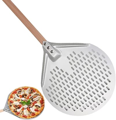 Pizza schep - Pizzabakken accessoire - Thuis pizza maken - Geperforeerd aluminium - 30 cm - Zwart houtkleur