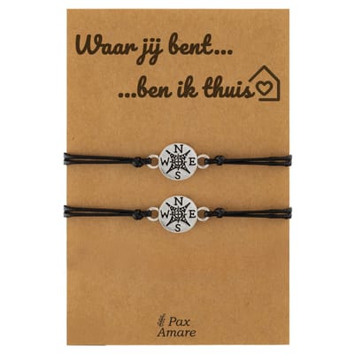Koppel Armbandjes voor 2 "Waar jij bent, ben ik thuis" - Kompas - Vriendschapsarmbandjes met Liefdevol Cadeau Kaartje - Zilverkleurig - Elastisch Verstelbaar - Pax Amare