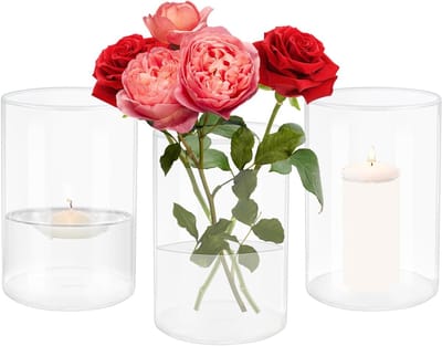 Set van 3 Glazen Cilindervazen van 15 cm Hoog, Ideaal voor Bloemen, Kaarsen en Decoratie, Duidelijk Glas met 10 cm Diameter
