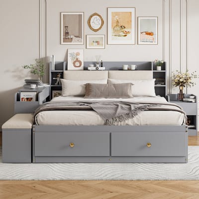MEUNIQ tweepersoonsbed 140x200 cm met lattenbodem, gestoffeerd hoofdbord met opbergvakken, 2 lades, zijkast, bank en nachtkastje voor slaapkamer grijs