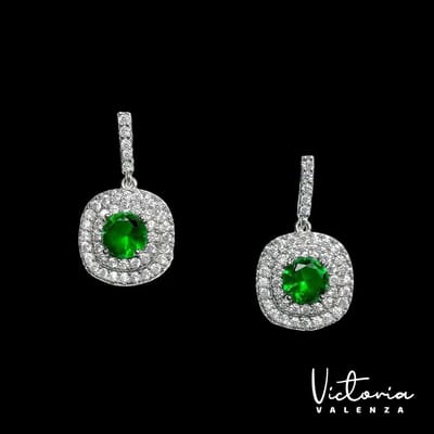 Victoria Valenza Monte Carlo Luxe Oorbellen Dames Messing Oorhangers Dames Oorringen - Groene Steen - Kleur Zilver - 1 Paar
