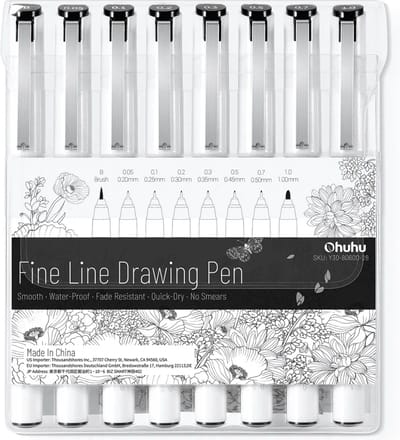 Ohuhu - Fineliner drawing pen - zwart - set van 8