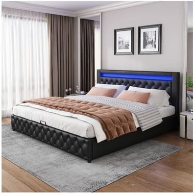 Lit rembourré - MUVOE - 140 x 200 cm - Noir - Éclairage LED - Rangement intégré noir