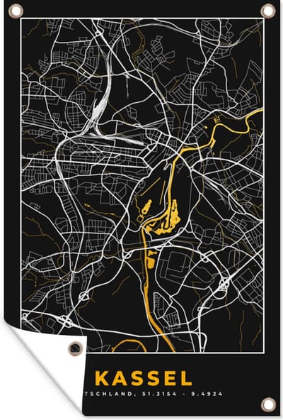 Muurdecoratie Kassel - Duitsland - Kaart - Stadskaart - Goud - Plattegrond - 120x180 cm - Tuinposter - Tuindoek