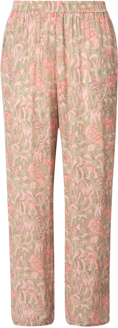 Ulla Popken - Dames - Broek Rose safariprint wijde pijpen elastische tailleband - Pistache - Maat 42+