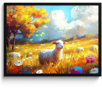 Poster in lijst - Fotolijst 70x50 cm - Posters - Schaap - Weide - Bloemen - Posterlijst zwart - Decoratie - Wanddecoratie woonkamer - Muurdecoratie slaapkamer