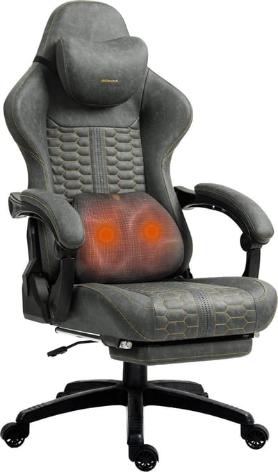 Dowinx gamingstoel Big and Tall - met massage lendensteun - met voetensteun - ergonomische bureaustoel - PU leer - tot 180 kg - grijs