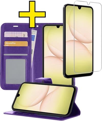 Hoesje - Met Screenprotector - Geschikt voor Samsung Galaxy A17 - Luxe Pasjeshouder - Bookcase Portemonee - Flip Case - Kunstleer Book Case - Flipcase - Book Cover - Walletcase - Portemonneehoes - Telefoonhoesjes - Paars