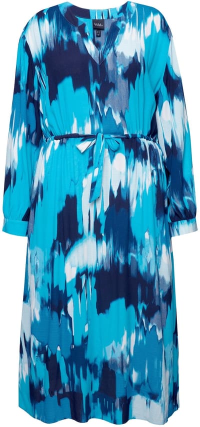 Ulla Popken - Dames - Maxi-jurk crêpe oversized tuniekhals lange mouwen - Aquamarine - Maat 46+