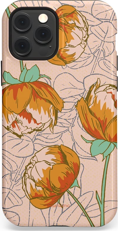 Casetastic hoesje geschikt voor Apple iPhone 12 / Apple iPhone 12 Pro - MagSafe - Dubbellaagse bescherming - Lente pioenroos - Fashion Case - Zand Zilver Okergeel Terracotta