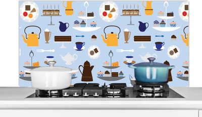 Spatscherm keuken 120x60 cm - Kookplaat achterwand Patronen - Cupcake - Theepot - Thee - Muurbeschermer - Spatwand fornuis - Hoogwaardig aluminium