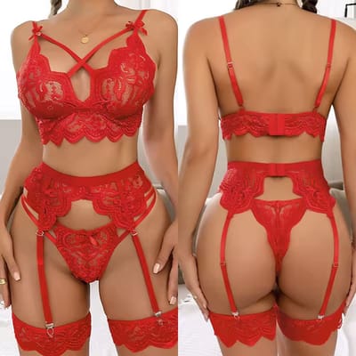 Sexy kanten dameslingerie, vierdelige set, rode erotische lingerie