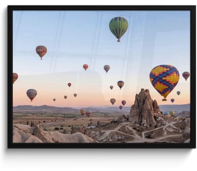 Poster in lijst - Fotolijst 80x60 cm - Posters - Luchtballonnen - Rotsen - Zonsopgang - Posterlijst zwart - Decoratie - Wanddecoratie woonkamer - Muurdecoratie slaapkamer