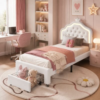 Gestoffeerd bed, 90x200 cm, kinderbed, prinsessenbed voor meisjes, met ledverlichting, zachte beschermranden, kroonvormig hoofdeinde, metalen poten, eenpersoonsbed, PU-materiaal, Wit