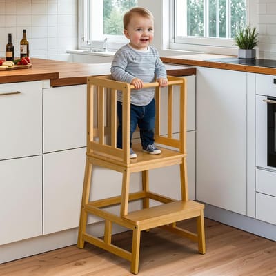 Leertoren Kinderen - Keukentoren Montessori - Onafhankelijk Leren - Stabiele A-vorm - 45.3 cm Diep - Natuurlijk Bamboe