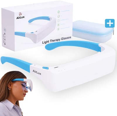AirLux Lichttherapiebril incl. E-Book - Daglichtbril Met Beschermhoes - Daglichtlamp - 3 standen - 2 Licht Soorten - Lichttherapie lamp 100% UV Vrij
