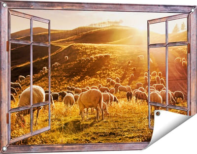 Gards Tuinposter Doorkijk Schapen in de Heuvels bij Zonsondergang - 90x60 cm - Tuindoek - Tuindecoratie - Wanddecoratie buiten - Tuinschilderij