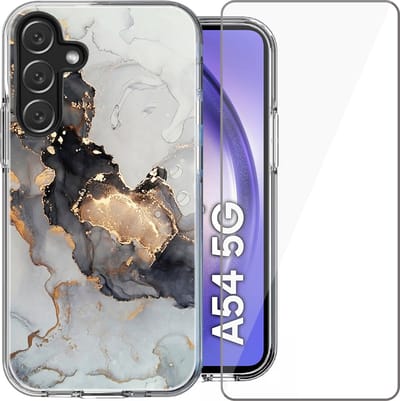 Hoesje geschikt voor Samsung Galaxy A54 - Screen Protector Glas - Back Cover Marmer Siliconen Case Wit & Screenprotector