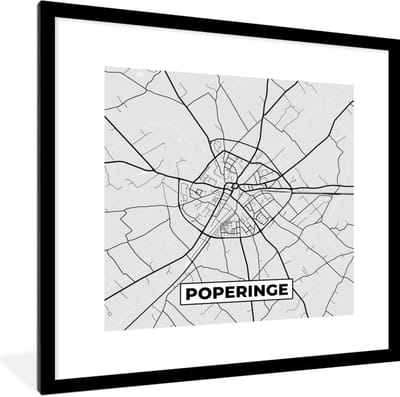 Fotolijst incl. Poster Zwart Wit- Stadskaart – Plattegrond – België – Zwart Wit – Poperinge – Kaart - 40x40 cm - Posterlijst