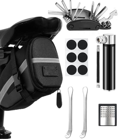Famanu – Fietsreparatieset met zadeltas, 16-in-1 multitool + 120 psi mini-luchtpomp, fietsgereedschapsset onderweg, noodgereedschap, reparatieset voor fiets, MTB, racefiets
