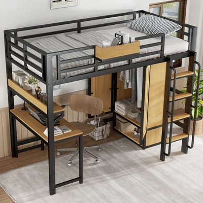 HAUSS SPOLE Hoogslaper 90x200 cm - Zonder Matras - Met Kledingkast, Bureau en Opbergvakken - Metaal en Hout - Zwart Naturel