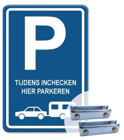 Parkeerbord Inchecken - blauw - Weerbestendig Aluminium - 40x60 cm - Bevestiging: Met hekbeugels (voor spijlen- of gaashek)