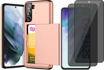 Hoesje met Pasjeshouder geschikt voor Samsung Galaxy S21 FE - 2x Privacy Screen Protector FullGuard - Back Cover SlideCase Roségoud & Screenprotector