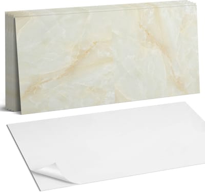 Coloray Plaktegels - Elegant marmerpatroon Wandtegel Zelfklevend - 60 cm x 30 cm - Romig Plaktegels - 6 stuks - Rechthoek PVC Tegels - Plaktegels Keuken - Zelfklevende Vloertegels Badkamer - Vinyltegels Vloer Zelfklevend - Zelfklevende Wandtegels