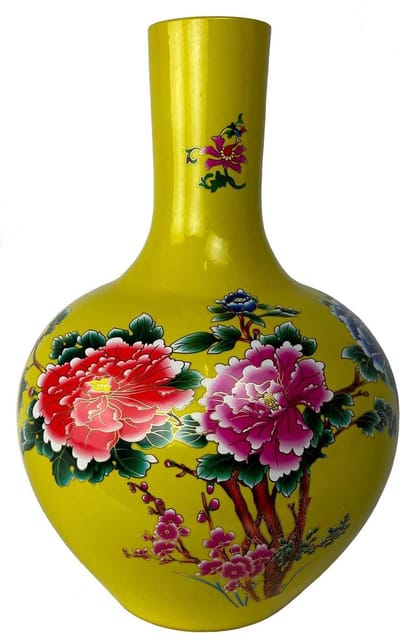 Fine Asianliving Chinese Vaas Geel Bloemen Pioenen Handgemaakt D41xH57cm