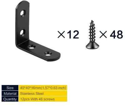 Han-Bar® 12 stuks - Zwarte L-vormige Hoekbeugels (40x40x18x1,4 mm) – RVS - In opbergdoosje inclusief 48 zwarte Schroeven