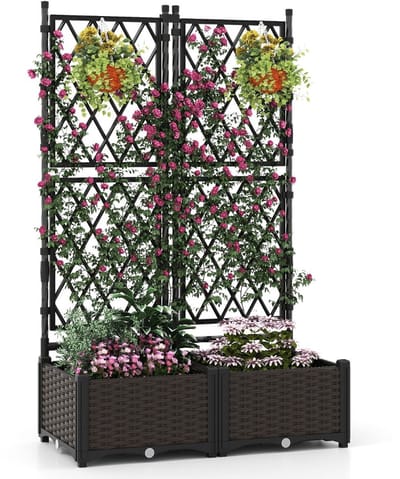Plantenbak met klimrek - Bloembak - Weerbestendig - Met trellis - Buiten - Hout - Plantenrek - Zwart
