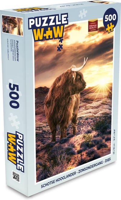 Puzzel Schotse hooglander - Zonsondergang - Dier - Legpuzzel - Puzzel 500 stukjes