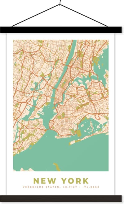 Posterhanger incl. Poster 40x60 cm - Schoolplaat - New York - Stadskaart - Vintage - Plattegrond - Kaart - Textielposter - Zwarte latten - Stadskaart