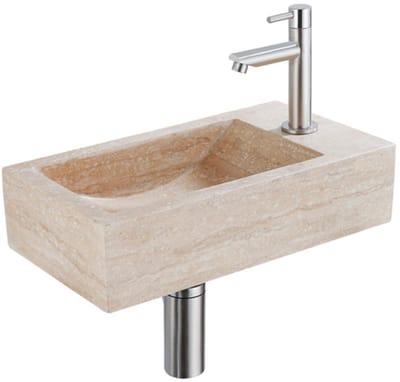FugaFlow Eccelente Pietra Fonteinset - 40x22x10cm - kraangat rechts - fonteinkraan geborsteld RVS PVD - afvoerplug - verlaagd sifon - gemeleerd natuursteen