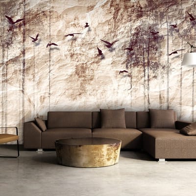 200cm X 140cm - Fotobehang - Vogels in de lucht , Vergeeld Papierlook, premium print vliesbehang