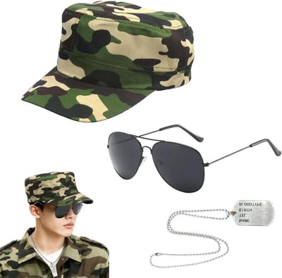 Legerkostuumset voor volwassenen met camouflagehoed, pilotenzonnebril en hondenpenning - Perfect voor verkleedpartijen en themafeesten